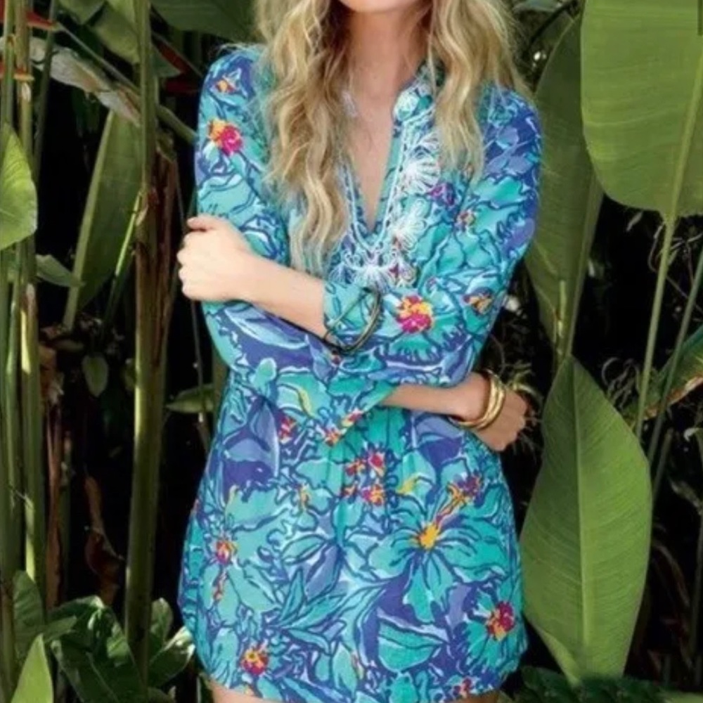 EUC Lilly Pulitzer Blue Iris Mai Tai Beaded Tunic Top Blouse Size XS